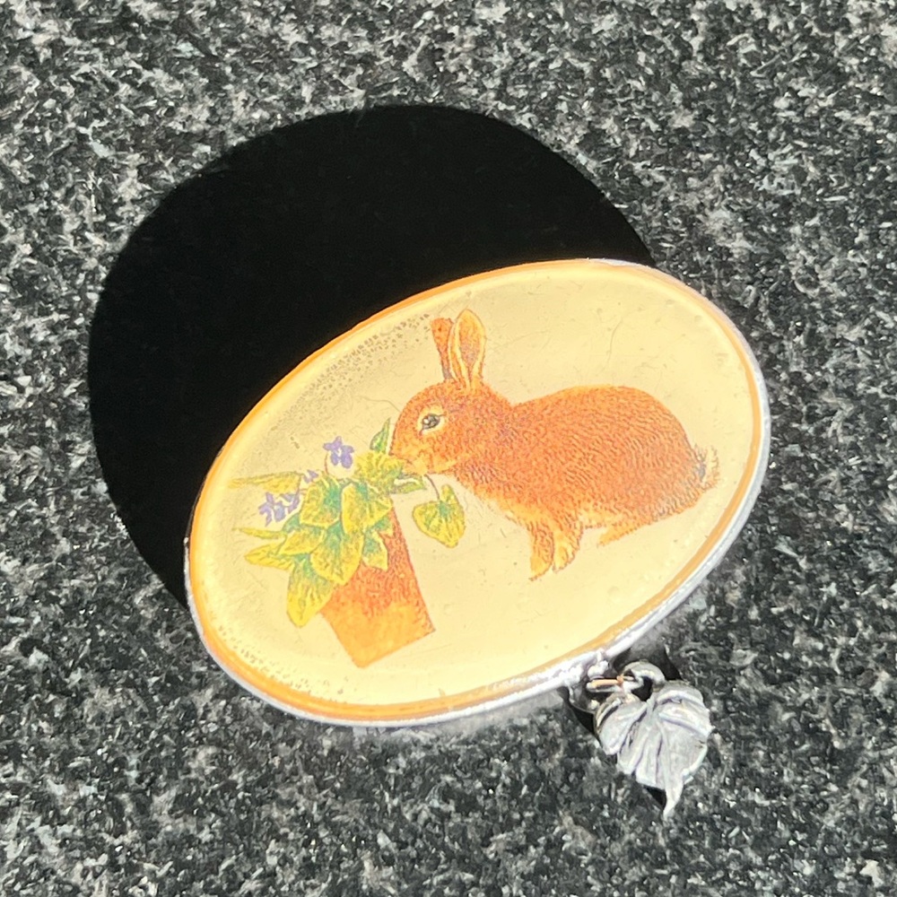 1998 Hallmark Marjolein Bastin Oval Framed Rabbit Brooch w/Dangling Charm